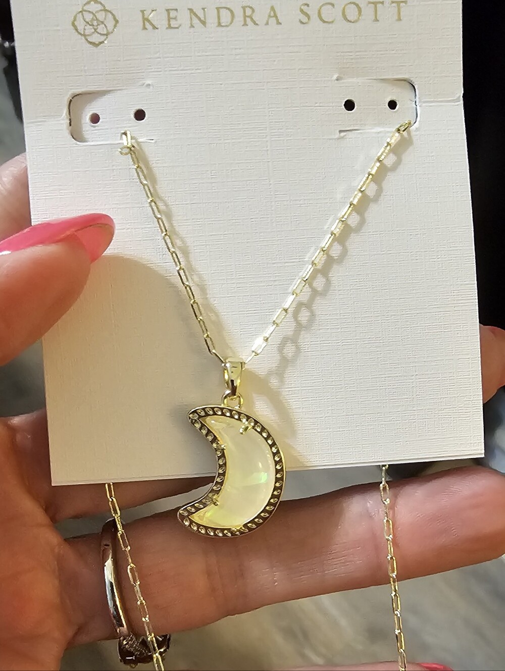 Kendra Scott Gold Crescent Moon Necklace with Iridescent White Stone